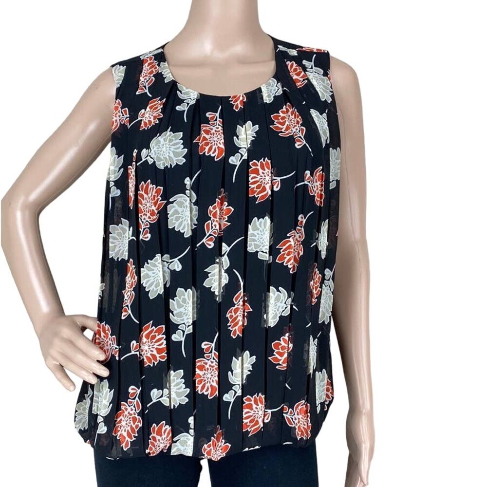 Calvin Klein Women's Black Floral Pleated Sleeveless Crew Neck Blouse Size M